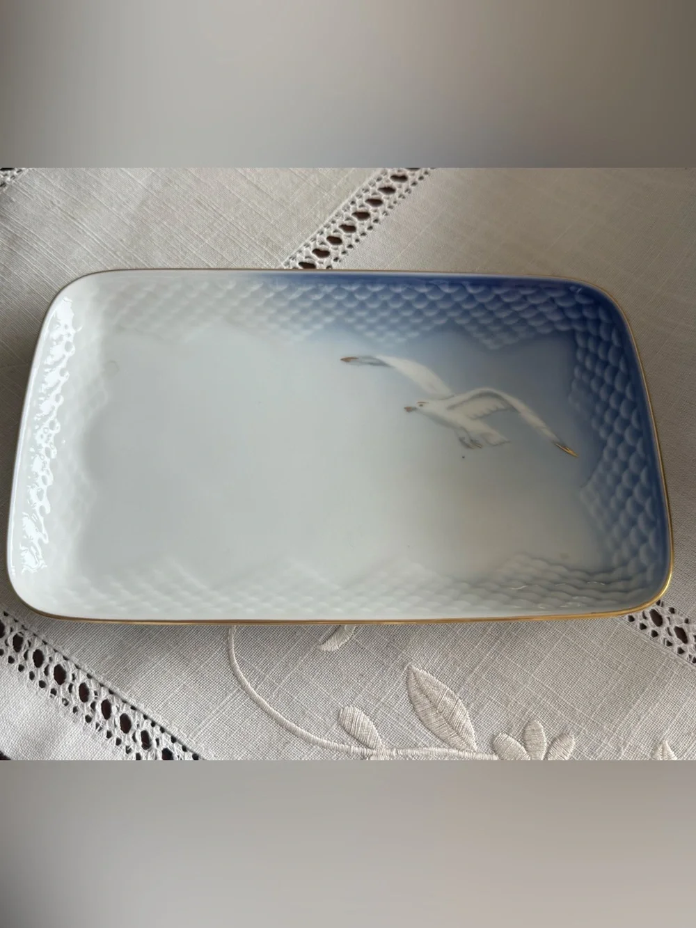 Bing & Grondahl Blue and White Porcelain Decorative Tray with Gold Trim